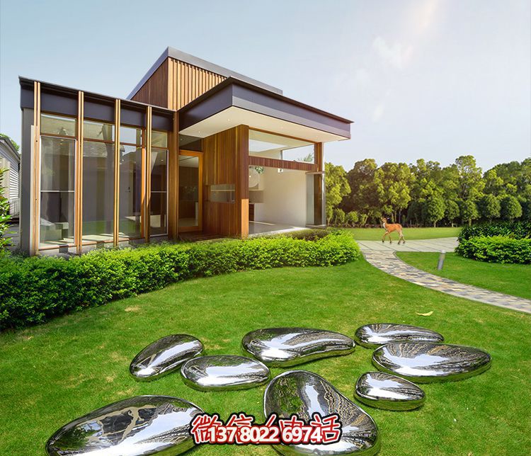 高端室內草坪裝飾，不銹鋼雕塑鏡面石頭安放