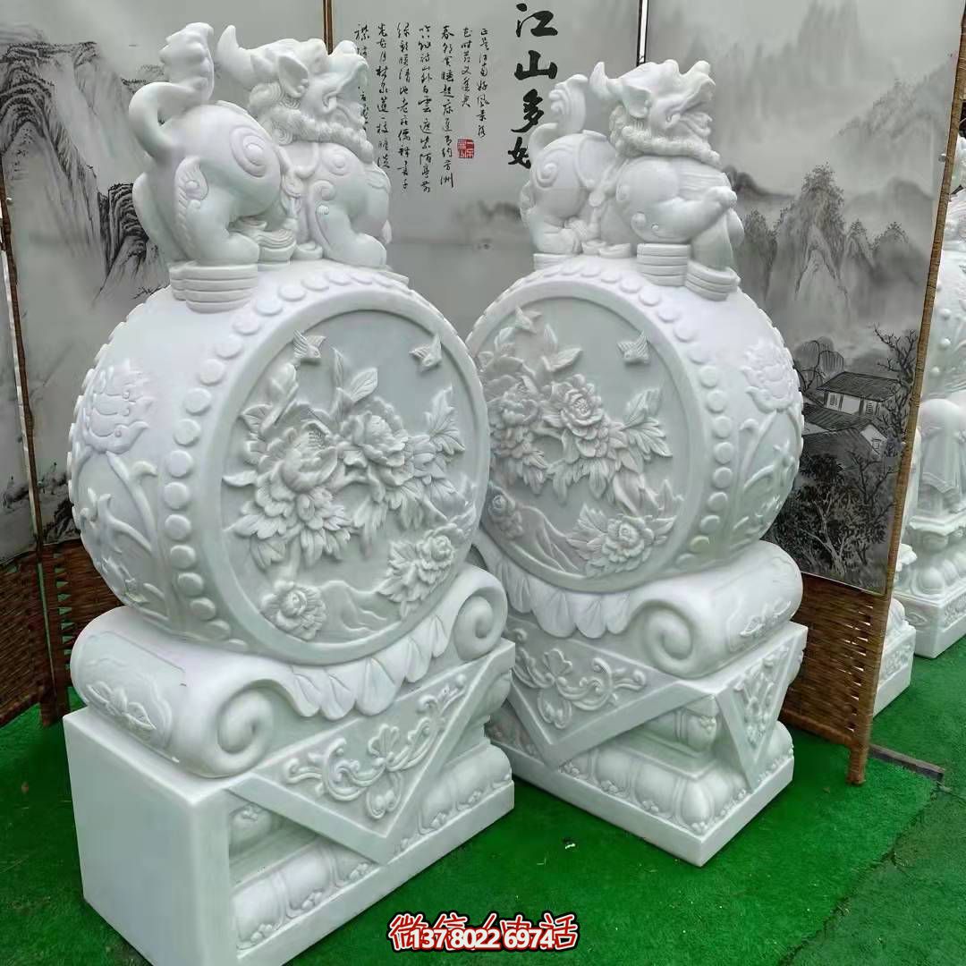 天然優(yōu)質(zhì)漢白玉浮雕麒麟抱鼓石，裝點(diǎn)你的庭院門口