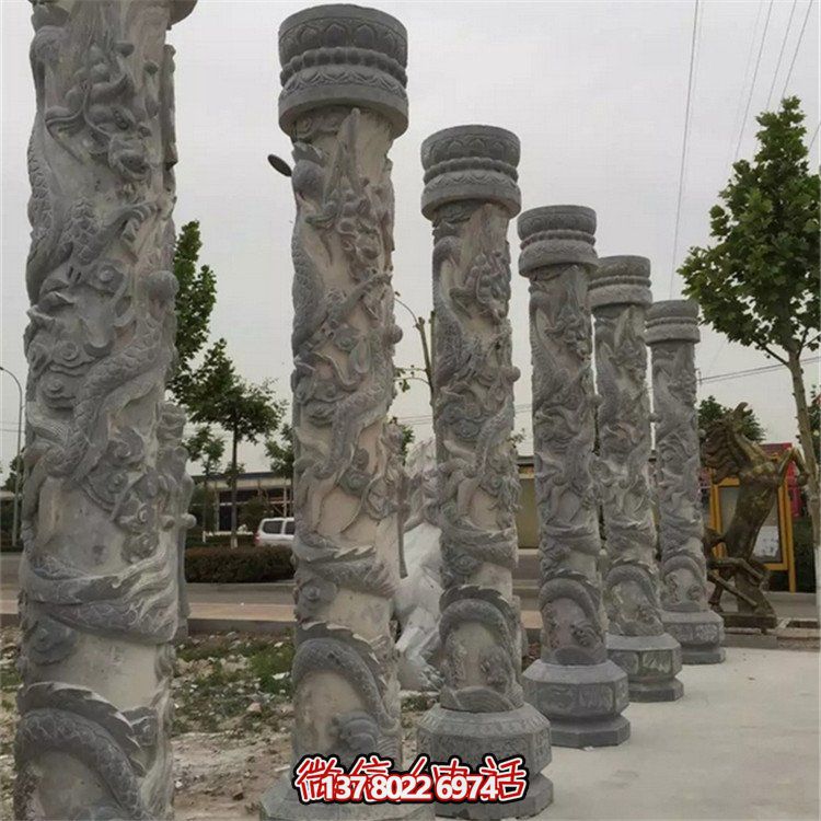 天然大理石浮雕龍盤柱，裝飾園林廣場的精美擺件