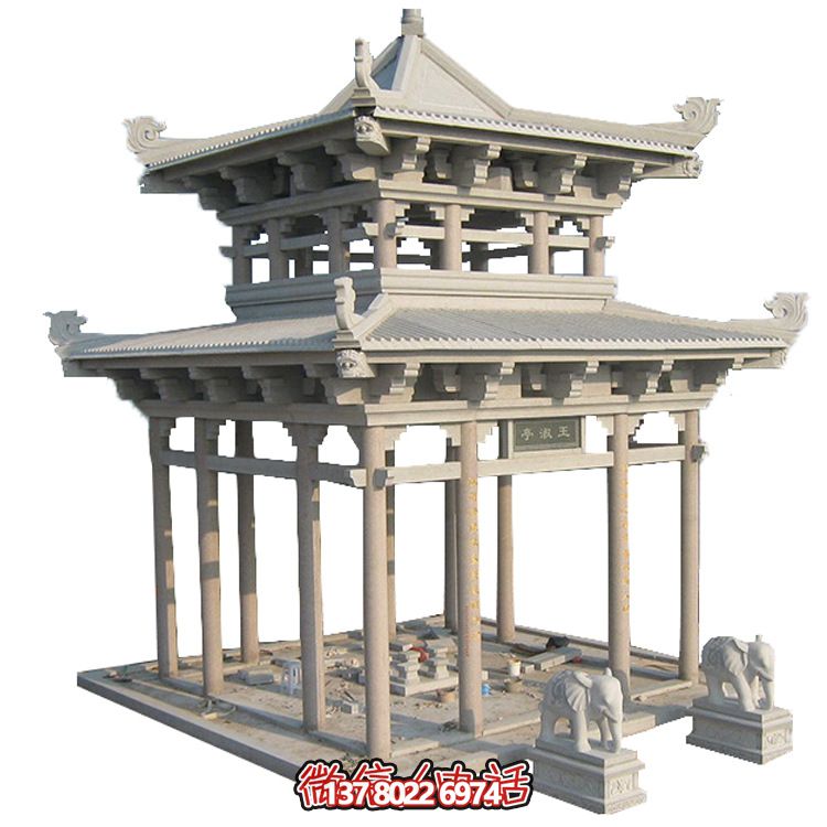 古典多角涼亭建筑大氣，石雕精美，園林景觀完美