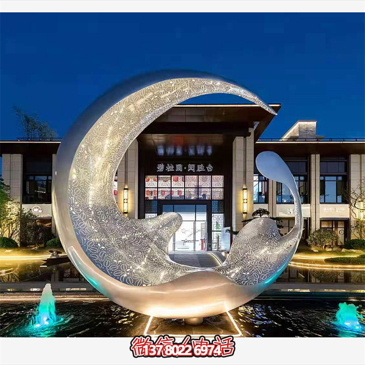 不銹鋼月亮水滴雕塑，透光水景裝飾雕塑
